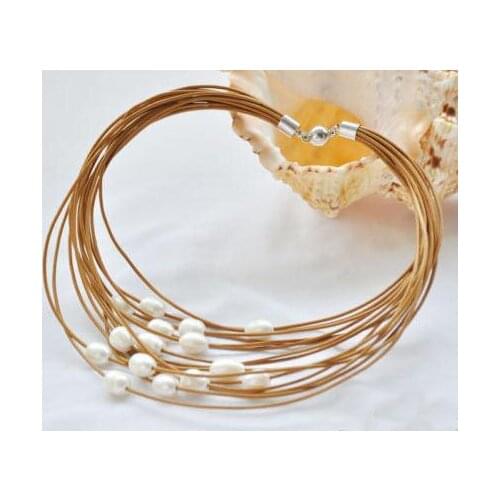 Classic Leather Pearl Jewellery Set,15rows,13mm White Rice Natural Pearl Coffee Leather Necklace,New Free Shipping