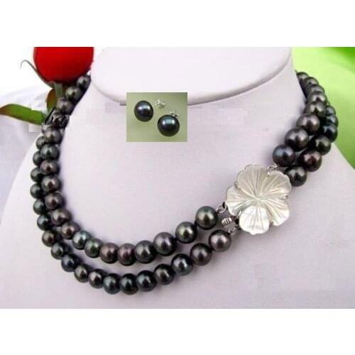 2 strands AAA 9-10MM south sea black pearl necklace 17-18 inch earring set shipping free