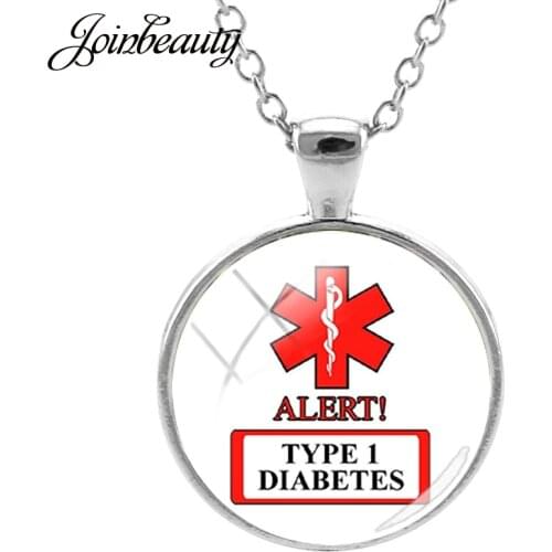 JOINBEAUTY DIABETES Emergency Medical Alert Pattern Necklaces Glass Cabochon Dome Pendant Long Chains Fashion Jewelry MA75