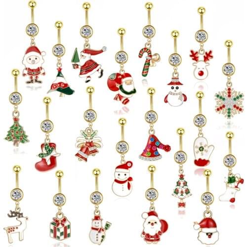 1pc Christmas Tree Elk Dangle Belly Navel Piercing Button Ring 14G Stainless Steel Crystal Piercing Ombligo Woman Body Jewelry