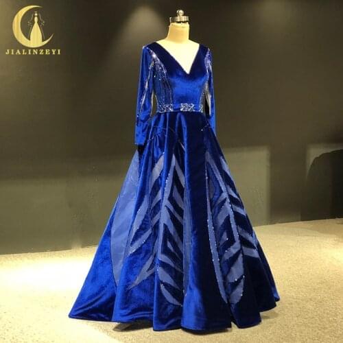 Rhine Real picture Long Sleeves V Neck beads Navy blue Velvet mother платья женские dress women evening dress long