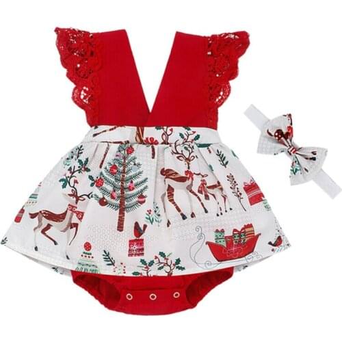 Christmas Baby Girl Infant Tutu Romper Bodysuit Outfit Clothes Lace Sleeveless Backless Xmas Dresses With Headband