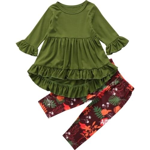 Xmas 2-7Y Toddler Baby Kids Girls Clothes Sets Solid Long Sleeve Ruffle Tops Floral Print Pants Leggings Outfit Clothes