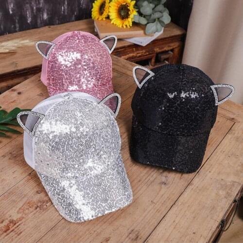 RUIXF009 New summer Rabbit ear baseball caps Lady girl trucker cap Sun hat Elegant sequins snapbakcs hat for women