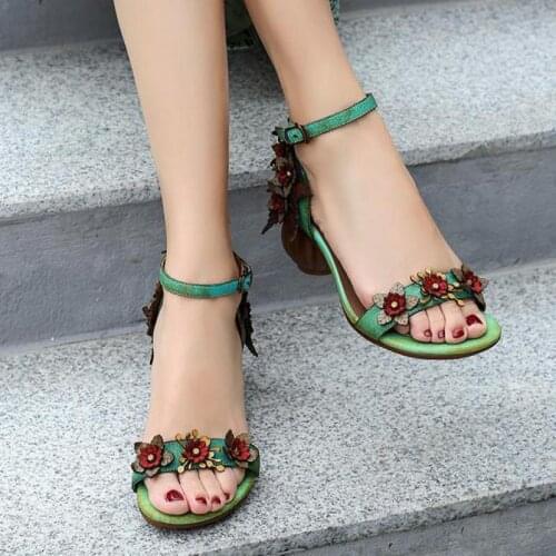 Female Retro Sandals Party Buckle Strap Genuine Leather Women Shoes 2021 New Summer Sewing Casual Flower Handmade Ladies Sandals