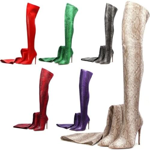 2021 Sexy Over The Knee Boots Woman Thigh High Boots Solid Thin Heels Pointed Toe High Heels Zipper Stretch Leather Shoes Woman