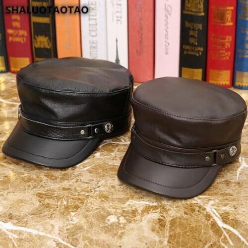 SHALUOTAOTAO Genuine Leather hat Autumn Winter Thermal Cowhide Military Hats For Mens Fashion Brand Snapback Leisure Tongue Cap