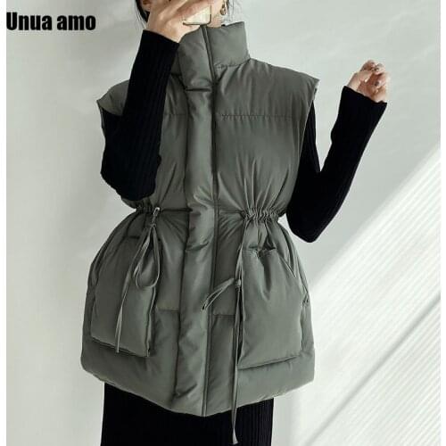 Unua amo Loose Stand Collar Women Vest Winter Thick Cotton Padded Warm Waistcoat Female Chic Tie Belt Sleeveless Puffer Jackets