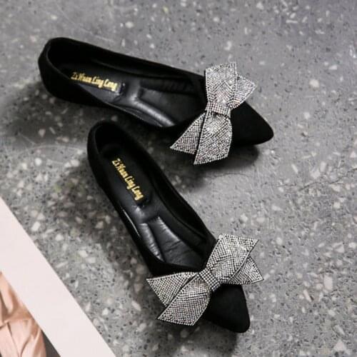 Flock large size pointed toe women shoes full crystal bow-tied shallow singles loafers comfort soft soled ballet flat shoes 2020