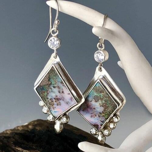 Vintage Pendant Earrings Colorful Pink Opal Drop Dangle Geometric Metal Lustrous Zirconia Crystal Pearls Earrings for Women