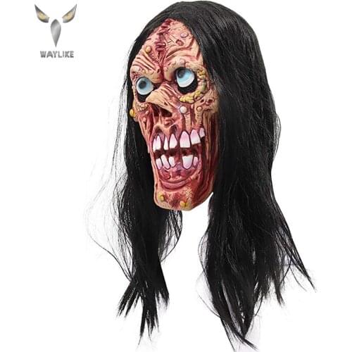 WAYLIKE Gruesome Ghost Ghoul Latex Horror Mask with Wigs Halloween Costume Wicked Devil Scary Mask
