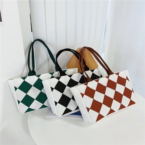 Women Large Capacity Clash Color Checkerboard Plaid Canvas Tote 2021 Casual Shoulder Bag Korean Stylish Leisure Handbag Female