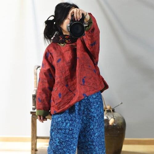 Women Loose Printed Retro Parkas Ladies Vintage Padded Tops Female Vintage Linen Coat Outerwear 2020 Winter Spring