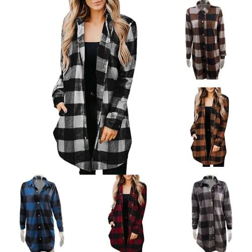 Women Autumn Long Overcoat Casual Coat Open Front Plaid Buttons Shirt Cardigan Long Sleeve Mid-length Coat Outerwear Female Tops