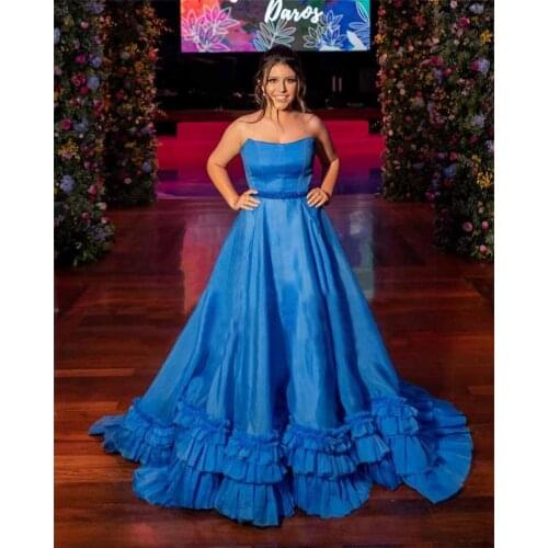 Blue Strapless Prom Dresses Long Beaded Ruched Tulle Formal Evening Party Gown Robe De Soiree