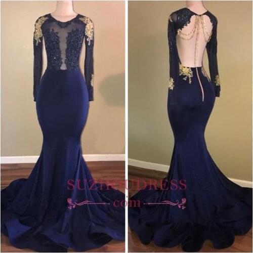 Fashionable Royal Blue Mermaid Lace Prom Dresses 2020 Sexy Open Back Long Sleeve Prom Gowns Real Image Evening Party Dresses