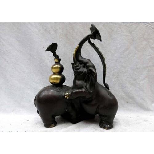 10" China bronze fine workmanship carved money calabash two elephant Statue