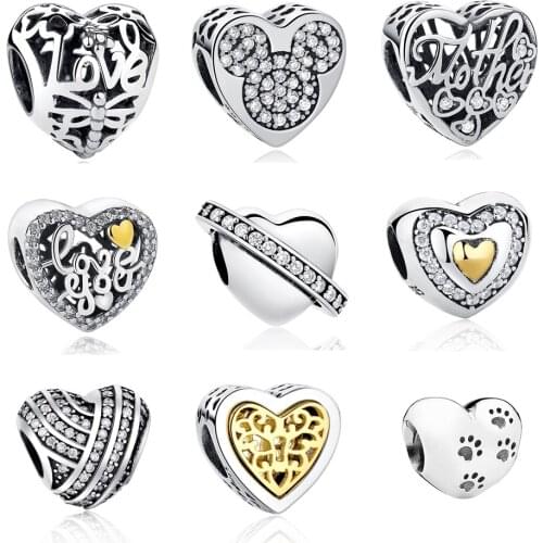 925 Streling Silver Charms Beads Fit Original Bracelet Minnie Mother Love Heart Zirconia Beads DIY Jewelry