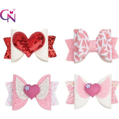 CN 3" Glitter Valentines Day Hair Clips With Wing For Girls Kids Love Heart Hair Bows Hairpins Valentines Gift Hair Accessories