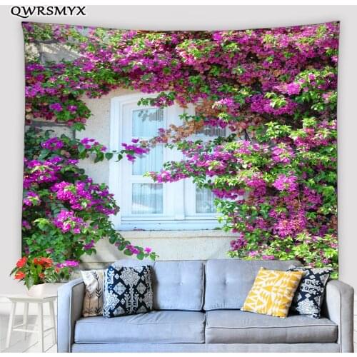 Tree With Flowers In Front Of The Window Tapestry European Architectural Landscape Wall Hanging Home Decor Art Wall Tapestries