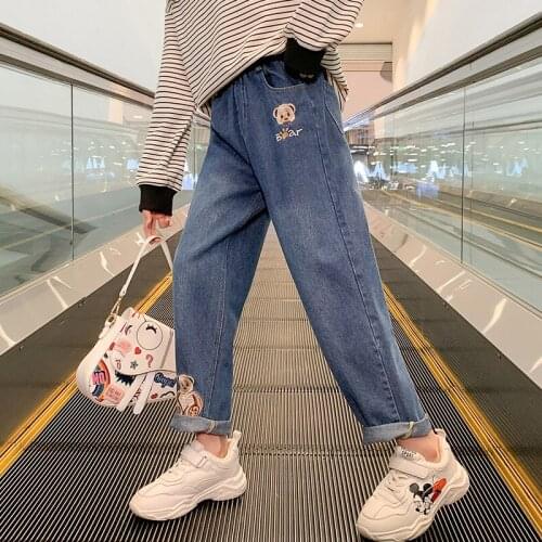 Sweet Cute Little Bear Embroidered Girls Denim Jeans Elastic Waist Tie Student Denim Jean Long Pants Girls Denim Trousers 4-14Y