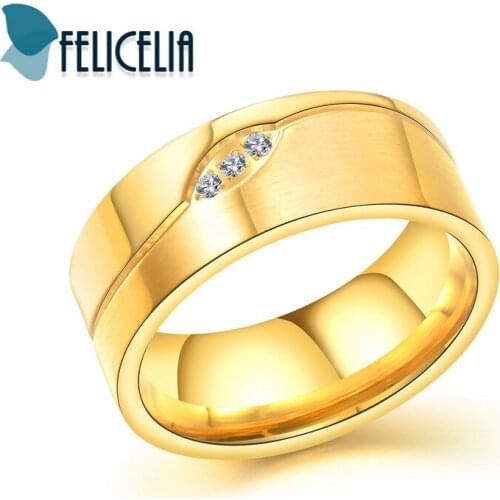 Felicelia 8.5mm Width Fashion Men Ring Stainless Steel Cubic Zirconia Wedding Engagement Band Gold/ Silver Tone, Size 7-11
