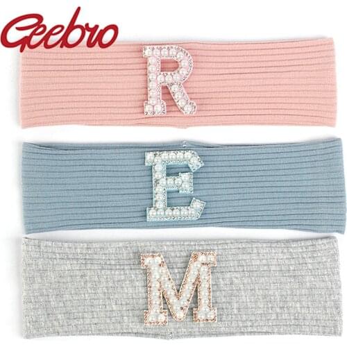 Geebro Boys Girls Fashion Pearl Letter Ribbed Headband Kids Solid Color Hair Band Children Elastic Head band Flat Headwrap