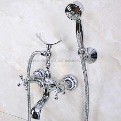 Chrome Polished Bathroom Bath Tub Faucet Taps Dual Holder Telephone Style Wall Mounted Kna225