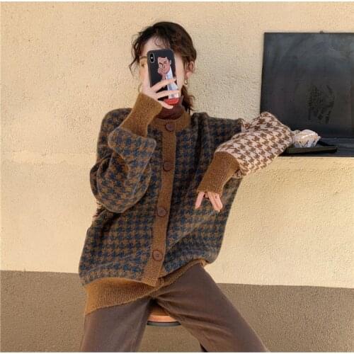 Autumn and winter womens clothing new western style Korean wild knit cardigan jacket women retro color matching sweater