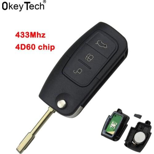 OkeyTech 4D60 Chip 3 Button Flip Folding Remote Smart Car Key 433Mhz for Ford Focus Mondeo Galaxy Fiesta C Max S Max FO21 Uncut