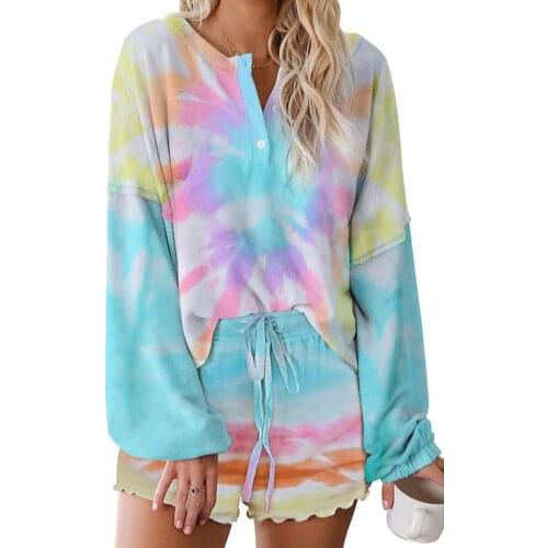 Tie Dye Two Piece Set Tracksuit Women Clothes 2021 Casual Long Sleeve Tops Elastic Waist Shorts Pajamas Suit Lounge Wear Outfits