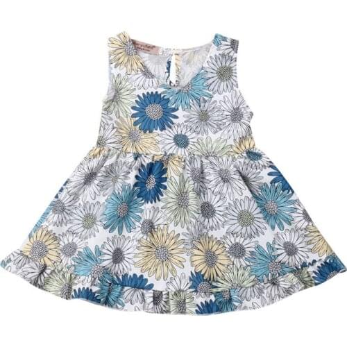 1-5T Printed Floral Girls Summer Dress Kids Baby Girl Clothes Sleeveless Sunflower Tutu Dress Sundress Blue Pleated Girl Dresses