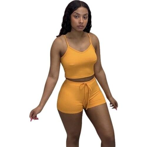 Summer Casual Bodycon Co Ord Set Women Sportswear Fashion Solid Ribbed Two Piece Club Outfits for Women Tank-tops and Shorts Set