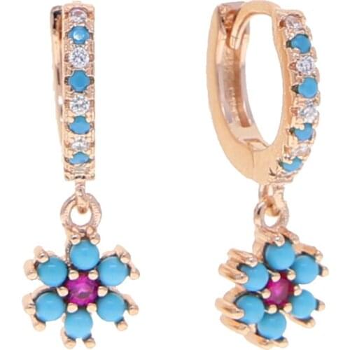 Mew Delicate Red Blue Fowers cz Charm Earring Pave Turquoises Stone Gold Silver Color Dangle Earring Fashion Women Jewelry