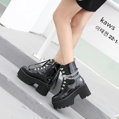 Fashion Chain Patent Leather Female Demonia Boots Punk Style Ladies Winter boots Women High heel Ankle Boots Shoe platform boot