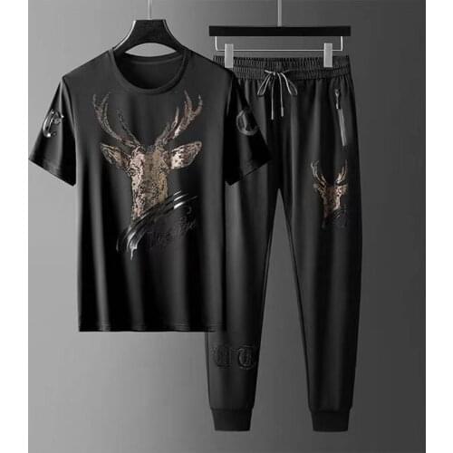 2021 summer mens sports ice silk suit hot drilling casual short-sleeved T-shirt trousers two-piece suit