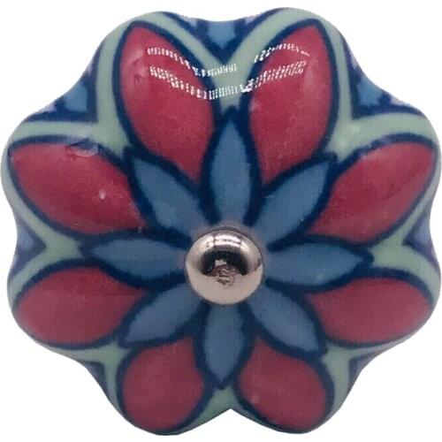 Set of 6 Pc Handmade Ceramic Cabinet Knobs Boho Room Decor Accessories Blue leaf & Red Floral Decorative Furniture Hardware