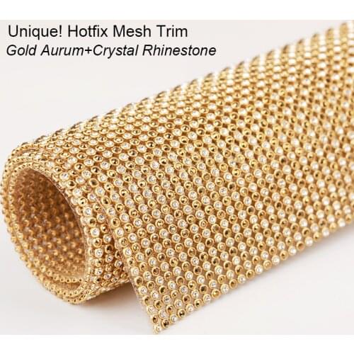 New Arrival 45x10cm Hotfix Gold Aurum Rhinestone Mesh Banding Decoration Iron On Crystal Glass Rhinestone Trimming For Garments