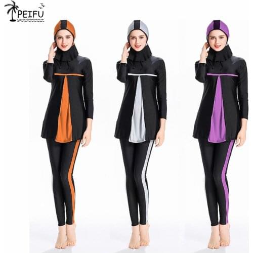 PEIFU Women Stripe Printed Muslim Swimwear Hijab Muslimah Islamic Plus Size Swimsuit Swim Surf Wear Sport Burkinis S-4XL
