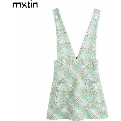 MXTIN 2021 Women Summer Vintage Plaid Fly Side Pockets Mini Dress Fashion V Neck Button Female Casual Chic Dresses Vestidos