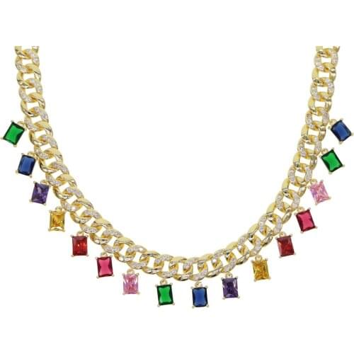 Gold filled wide iced out chain hiphop multi pendant choker necklace for women men rainbw baguette CZ fashion wedding jewelry