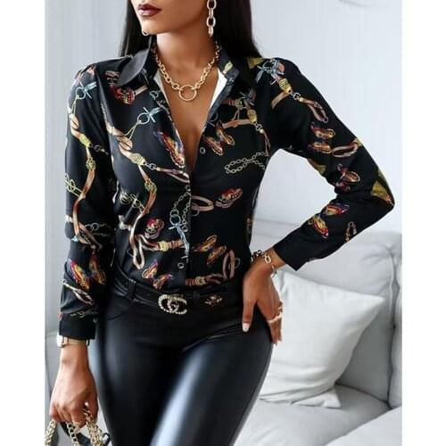 Printed Contrast Color Long-Sleeved Temperament Slim Ladies Shirt Fashion V-Neck Shirts Top Office Ladies Clothes 2021 Autumn