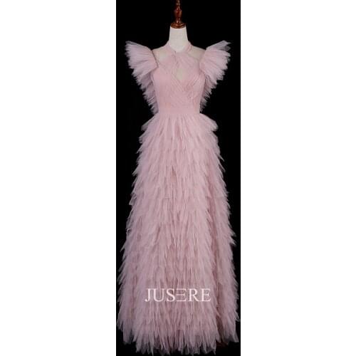 JUSERE Pink Evening Dress Sleeveless V-Back Floor Length Formal Party Gowns ruffle dress