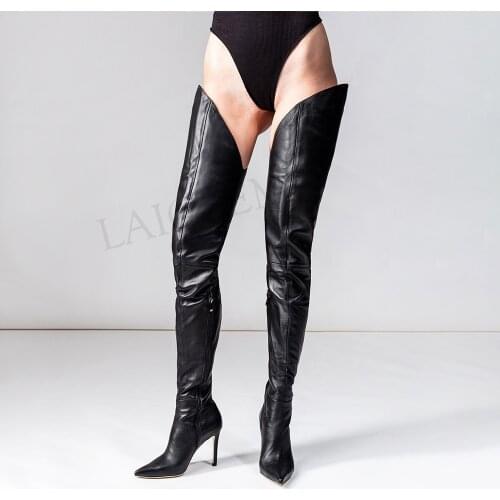 LAIGZEM Trendy V Cut Women Crotch High Boots Faux Leather Heeled Boots Thigh High Shoes Woman Botas Mujer Laigzem Size 45 46 47