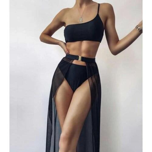 Three Piece Sexy One Shoulder Bikini Beach Swimwear Summer Womens Solid Color High Waist Swimsuit Fashion Ladies Sling Swimwear