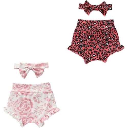 Newborn Baby Girl Pants Leopard Shorts Cotton Infant Kids Ruffles Short Pants + Headband Summer Clothing Set Childrens Clothing