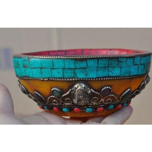 Old tibet Beeswax silver Mosaic Turquoise Tara KwanYin GuanYin statue bowl cup
