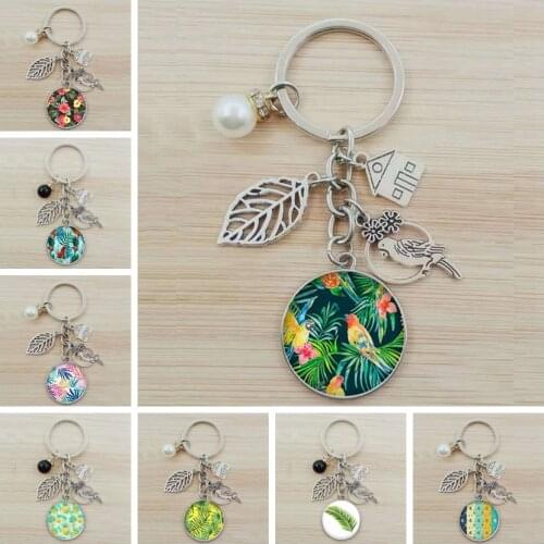 Green tropical leaf glass pendant key chain tropical green plant leaf glass cabochon key ring bird hollow leaf key chain jewelry