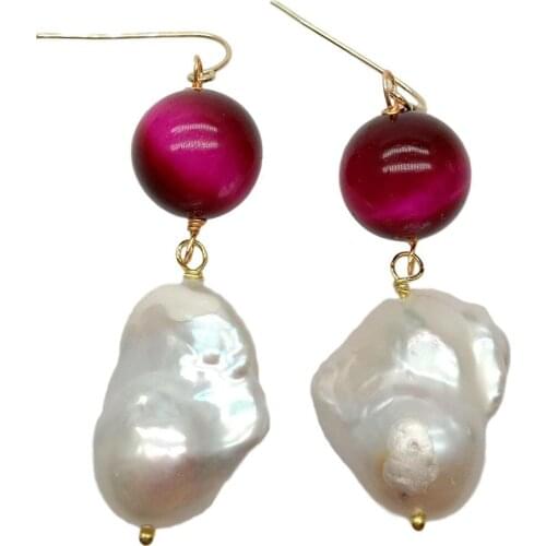 YYGEM Nucleated Flameball Baroque Pearl 14mm Fuchsia Tiger Eye round Dangle Hook Earrings trendy style for women