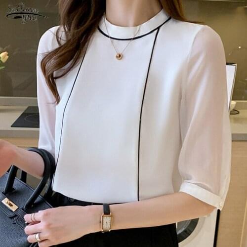 Korean Beading Ladies Tops Female Clothing 2021 Summer Short Sleeve Women Blouses Casual Office Chiffon Women Shirts 15050